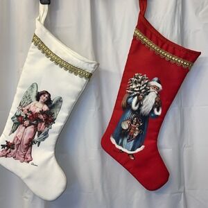 Vintage Old World Santa & Angel Christmas Stocking Set of 2 TLC Rennoc‎ Brand